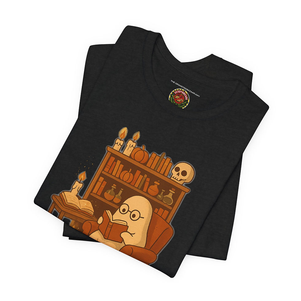 Thumbnail: Folded view of Cozy Ghost Reading Halloween Shirt – Halloween librarian outfit.