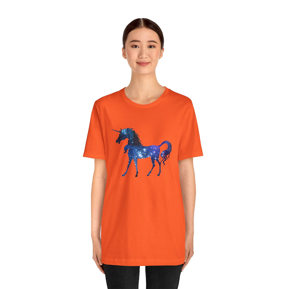 Thumbnail: Model wearing starry unicorn silhouette on orange shirt.