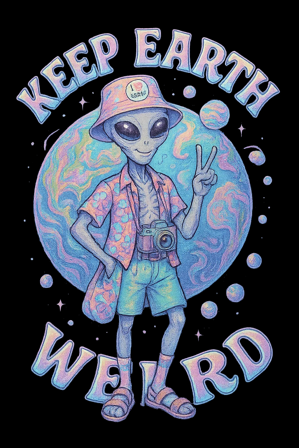 Pastel alien tourist graphic — bucket hat, Hawaiian shirt, satchel, camera with planet, and ‘Keep Earth Weird’ text.