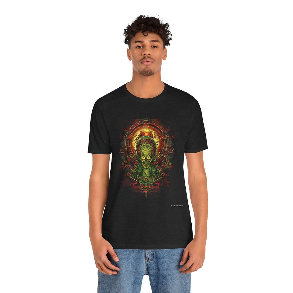 Thumbnail: Model wearing Command Core Alien Fight Shirt – strategic alien art shirt.