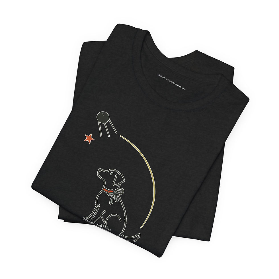 Thumbnail: Flat lay of Pushinka From Space With Love black unisex cotton graphic tee – The OuterMoo.