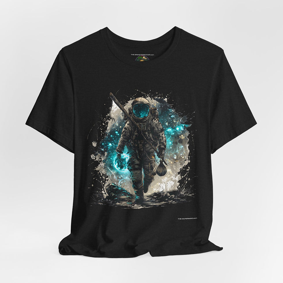 Wandering Astronaut graphic tee front view – The OuterMoo planetary adventurer design.