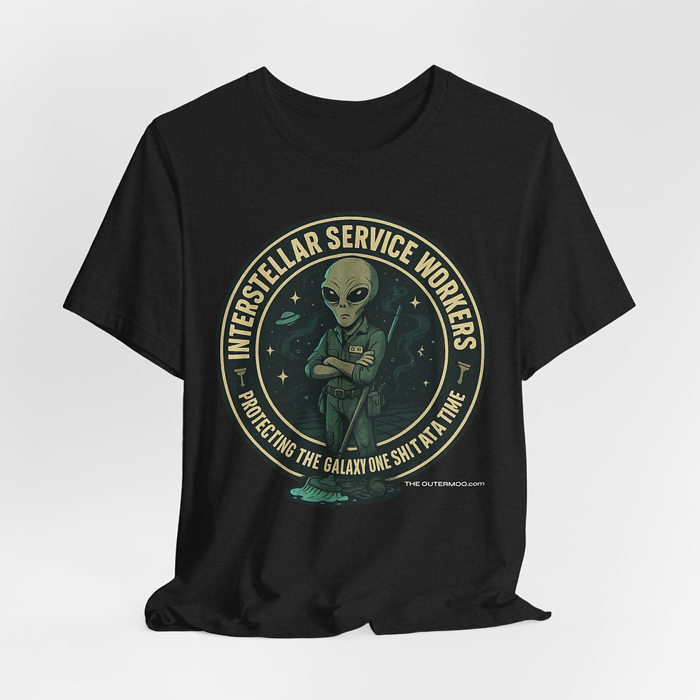 Interstellar Service Workers Alien Shirt front view – sci-fi blue collar shirt.