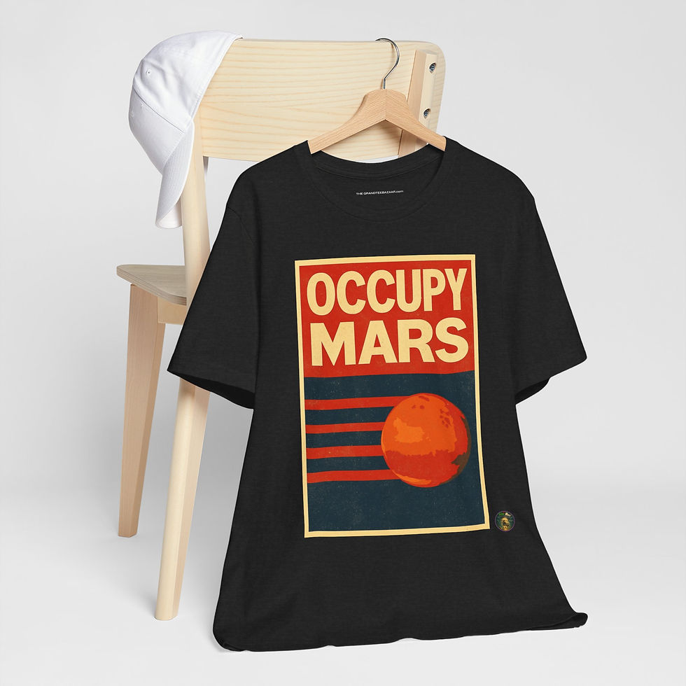 Thumbnail: Hanging view of Occupy Mars Sci-Fi Poster Shirt, Graphic Stripe Variant – Science Fiction Graphic Tee.