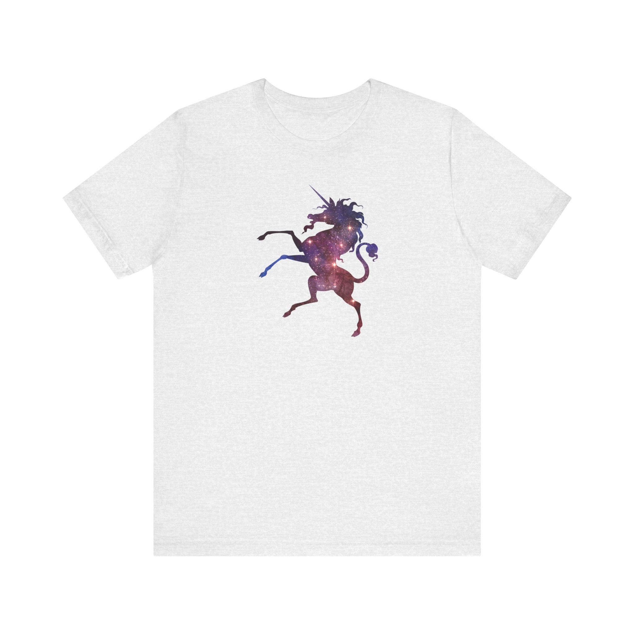 Front view of rearing unicorn silhouette with red and orange galaxy nebula pattern unicorn on white shirt.