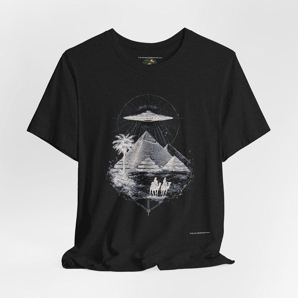 Midnight Watch Over the Pyramids Alien Shirt front view – UFO night pyramids.