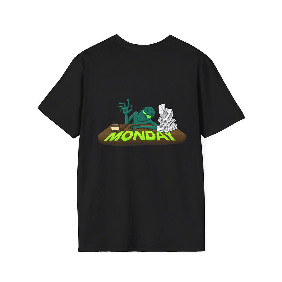 Back view of Aliens Hate Mondays shirt showing an alien with a pile of papers and a cup of coffee.