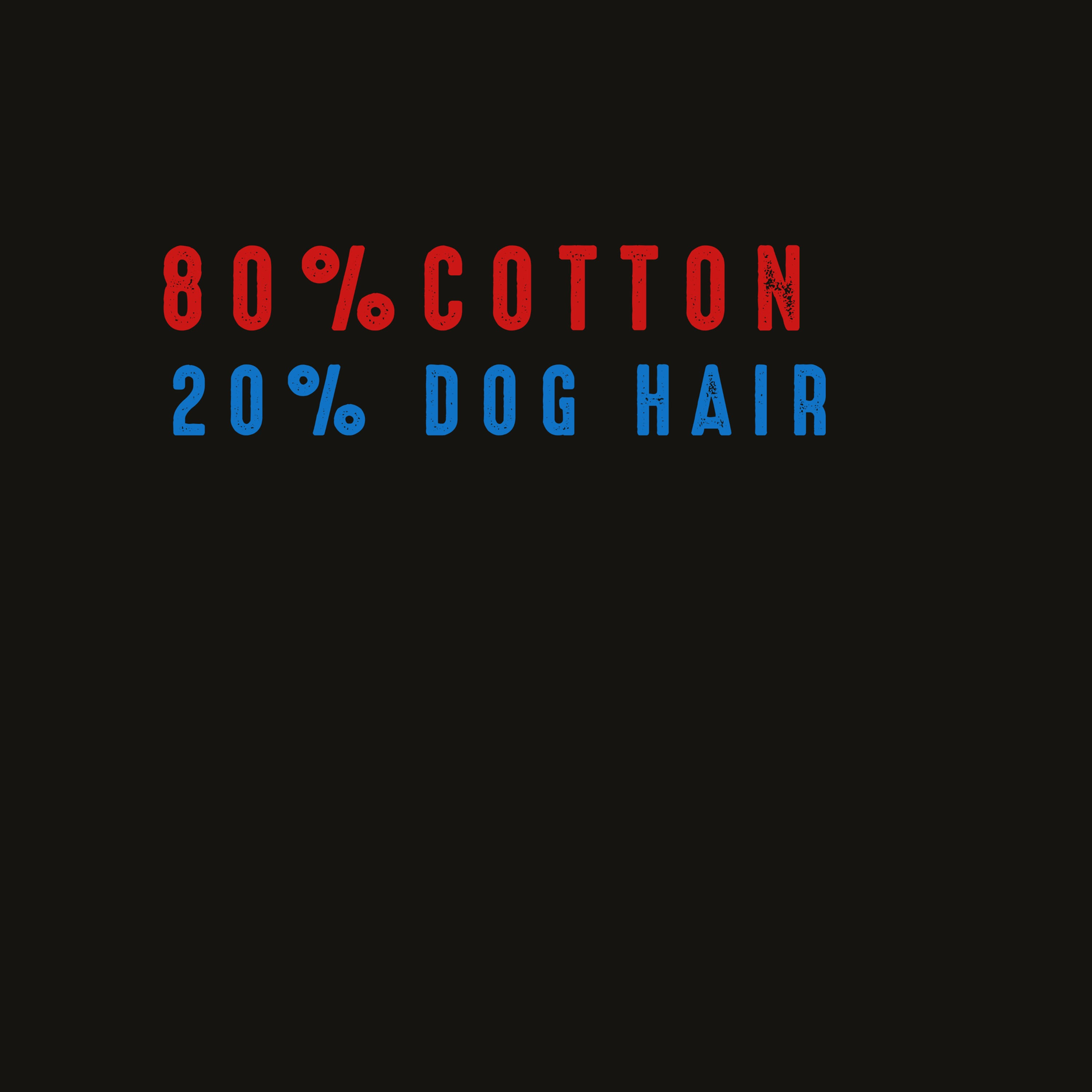 Text-only shirt reading “80% Cotton 20% Dog Hair” in red and blue lettering pet hair joke shirt.