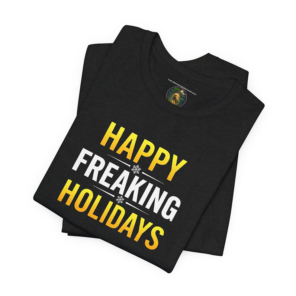 Thumbnail: Flat lay of Happy Freaking Holidays — perfect Christmas gift idea by Frost-Tees.