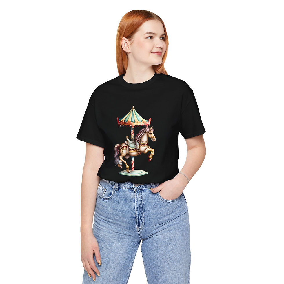 Thumbnail: Model wearing fairground horse shirt.