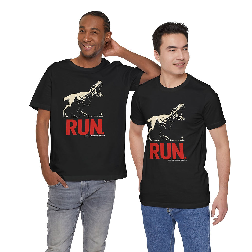 Thumbnail: Two models wearing roaring T-Rex and red “RUN” tee.