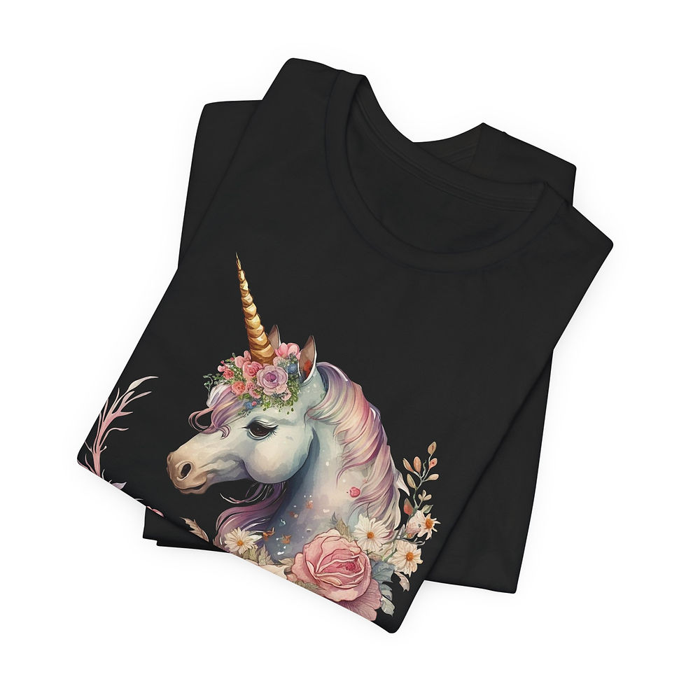 Folded view of unicorn head framed by detailed flower arrangement.
