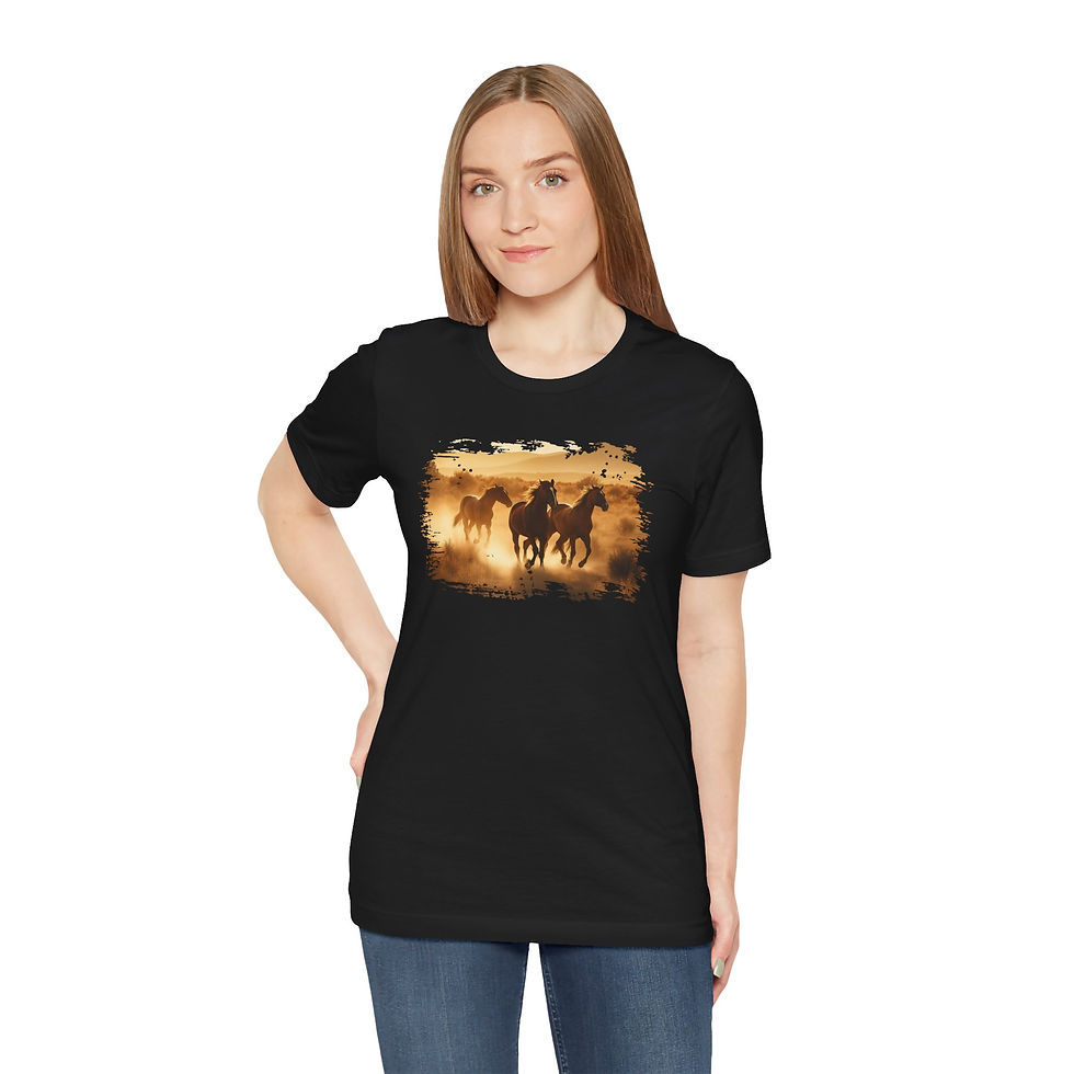 Thumbnail: Model wearing Dust & Thunder Wild Horses Shirt – horse lover gift.