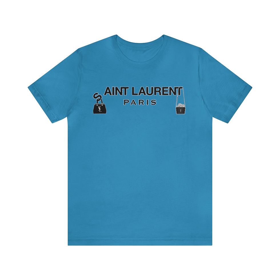 Thumbnail: Luxury fashion joke tee on blue shirt.