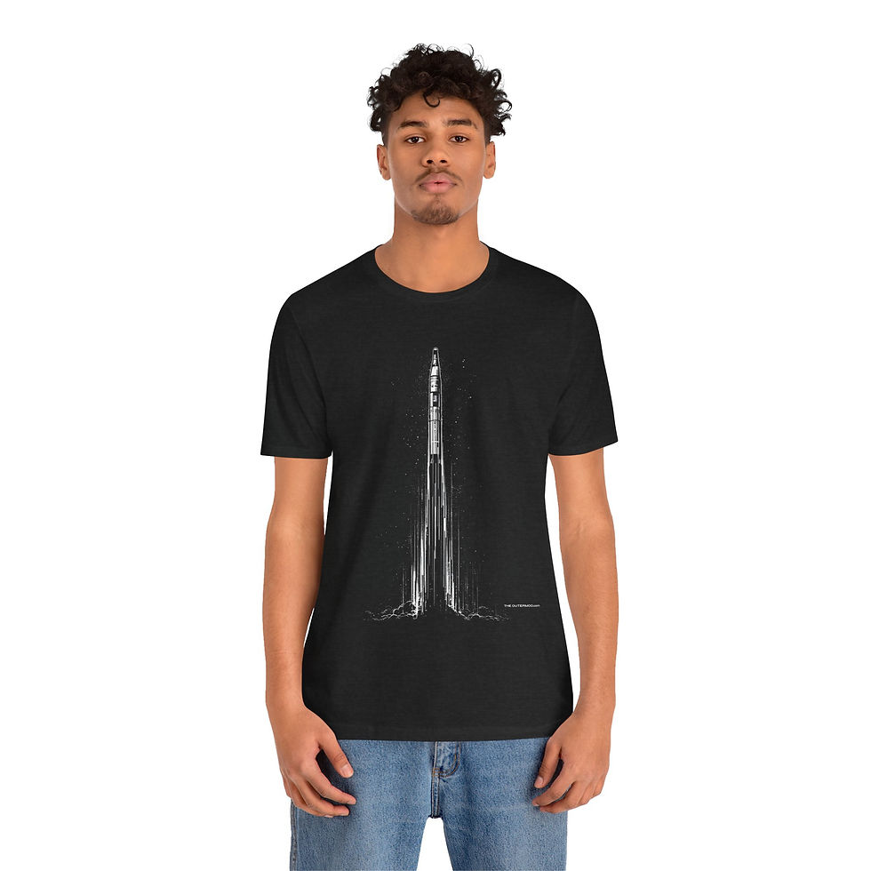 Thumbnail: Model wearing Atlas Rocket Launch v1 – vintage space launch poster tee.