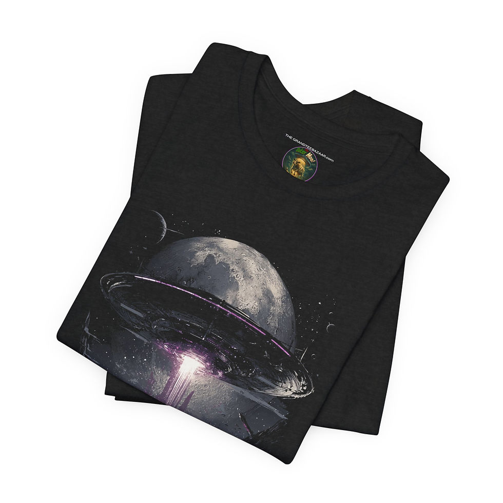 Thumbnail: Flat lay of UFO City alien themed unisex T-shirt by The OuterMoo.