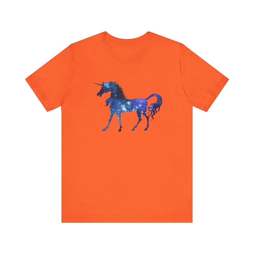 Thumbnail: Front view of blue galaxy unicorn design on orange shirt.