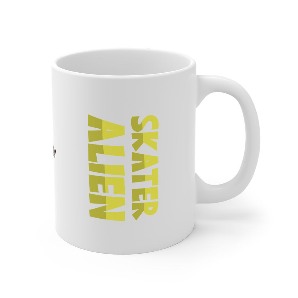 Thumbnail: Back view of Skater Alien ceramic coffee mug showing the words “Skater Alien” — novelty skateboard alien cup by The OuterMoo.