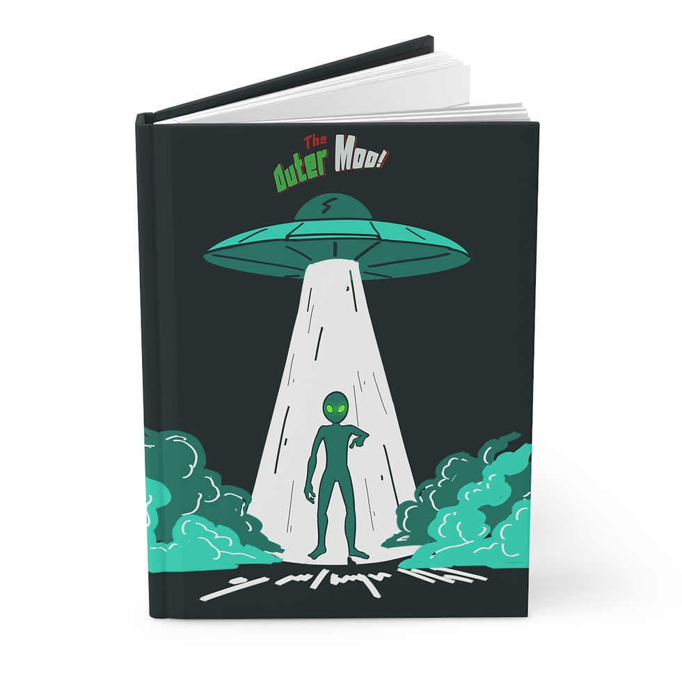 Thumbnail: Alien Abduction Hardcover Journal standing upright on a table showing UFO beam artwork – UFO fan gift journal.