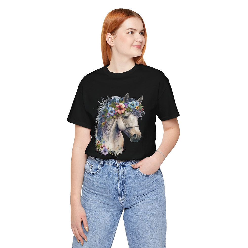 Thumbnail: Model wearing Pastel Blossom Floral Horse Shirt – equestrian floral tee.