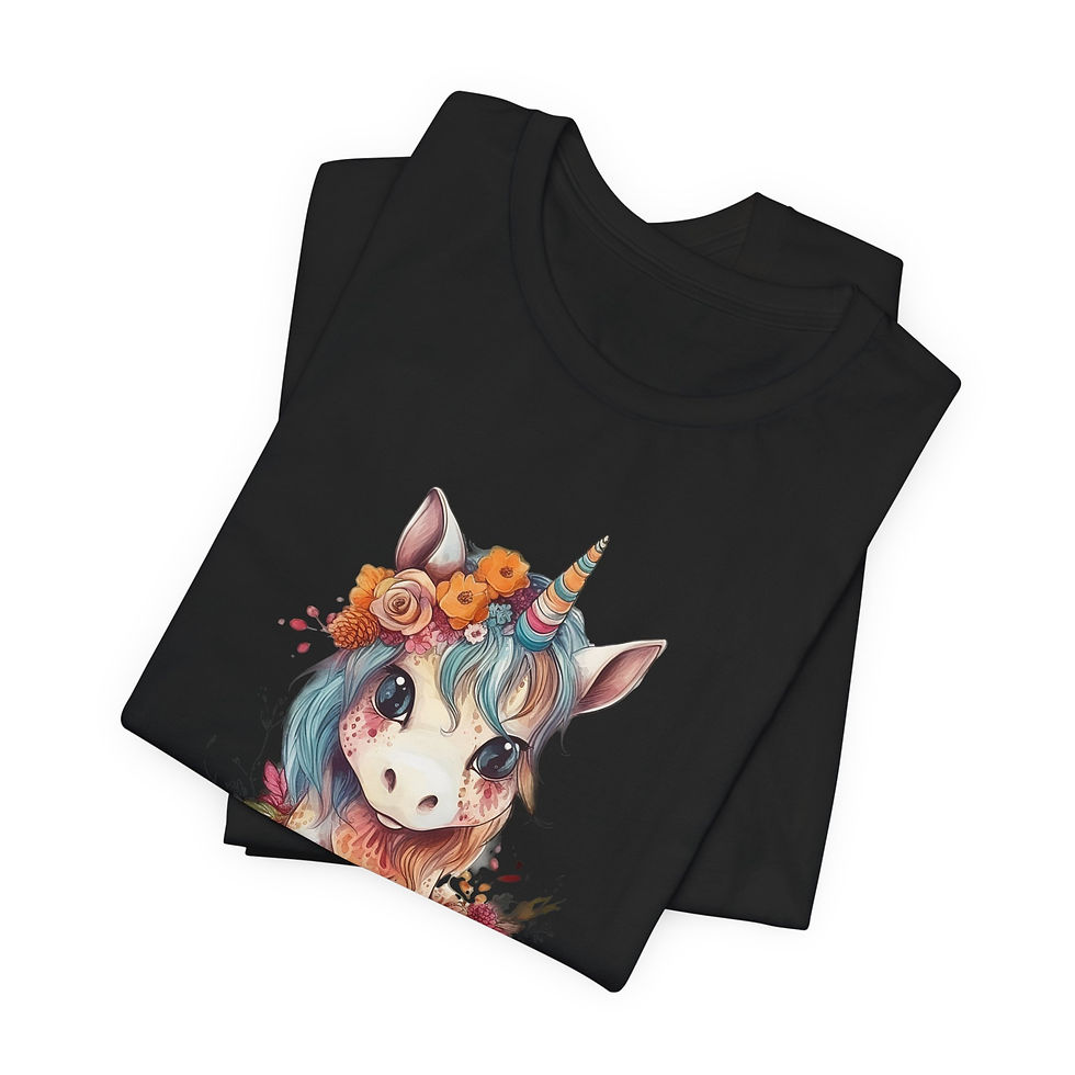 Folded view of unicorn face with freckles and soft orange flowers.