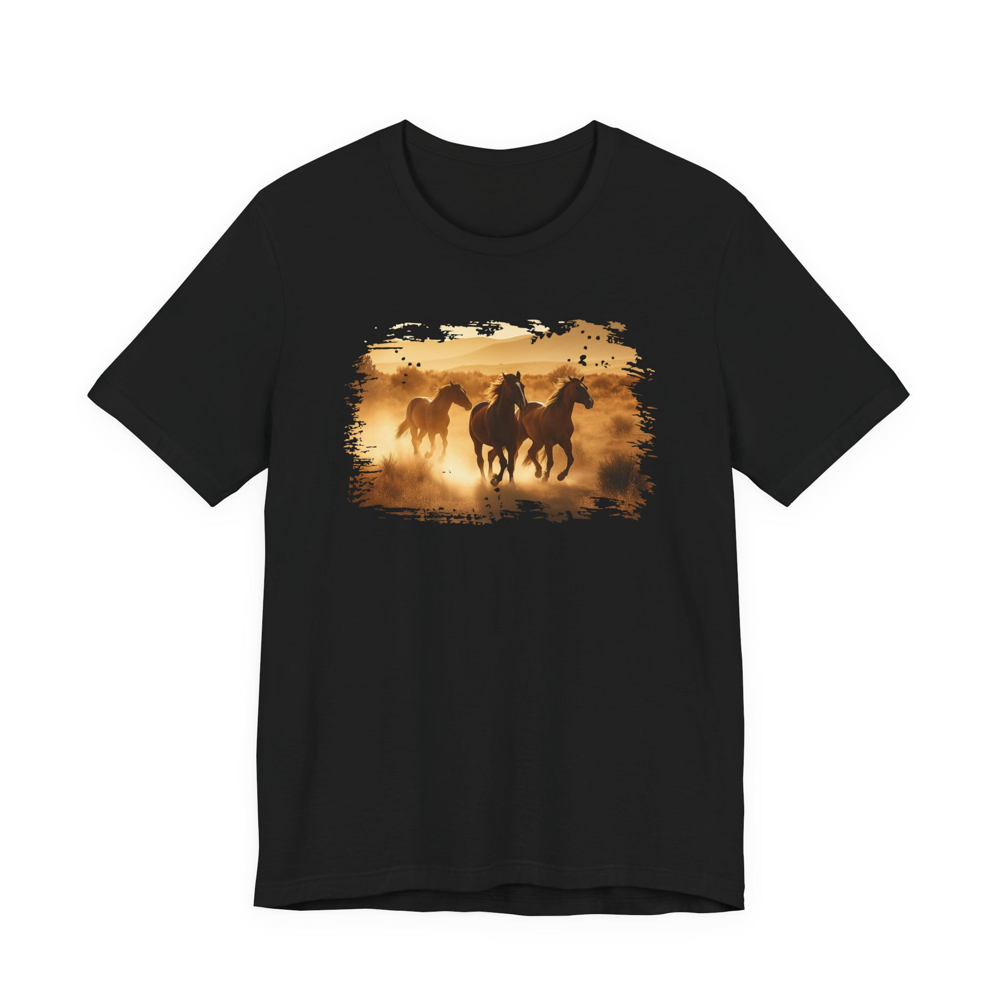 Dust & Thunder Wild Horses Shirt front view – wild horses running through golden dust.