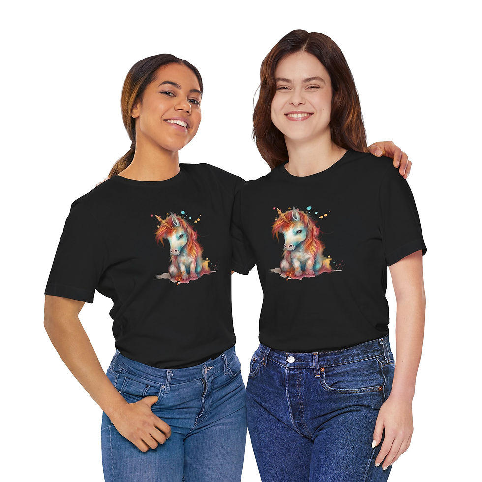Thumbnail: Models wearing artistic unicorn shirt.