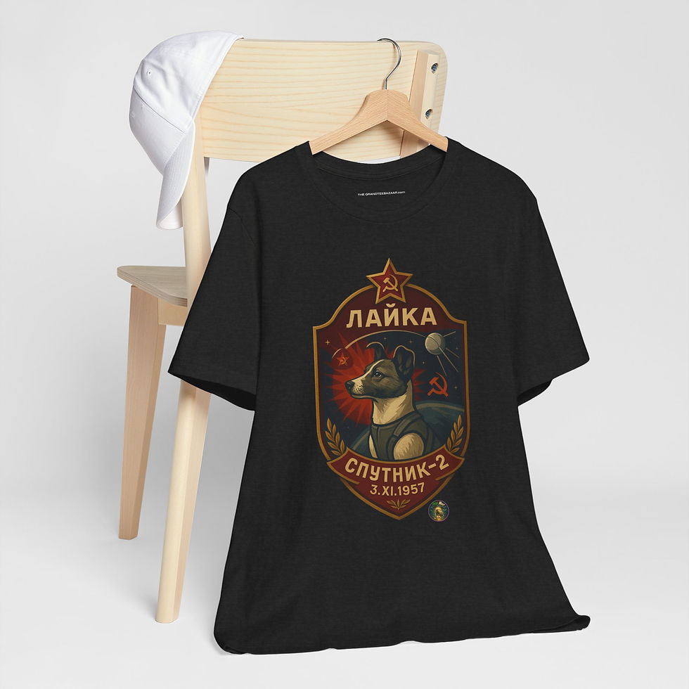 Thumbnail: Front view of Laika Russian Dog Mission Patch by The OuterMoo – retro space history and Space Race shirt.