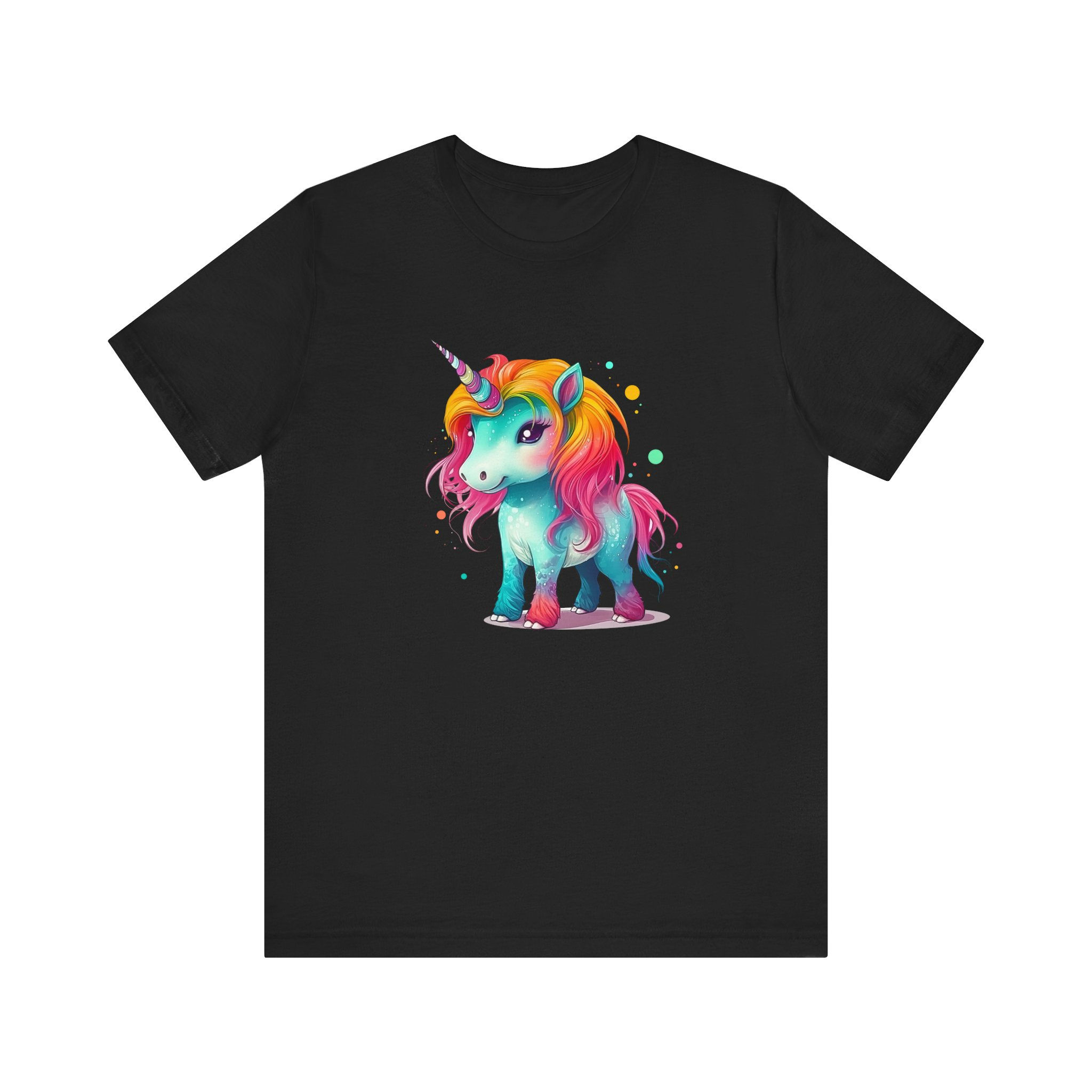 Front view of full body baby unicorn with rainbow mane and colorful style.