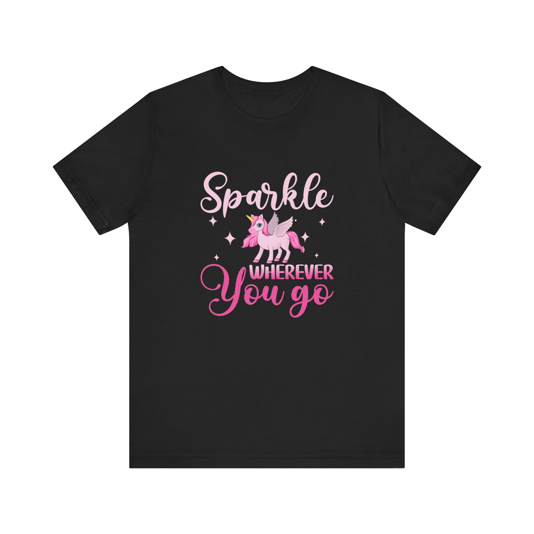 Front view of pink winged unicorn with “sparkle wherever you go” text – unicorn shirt.