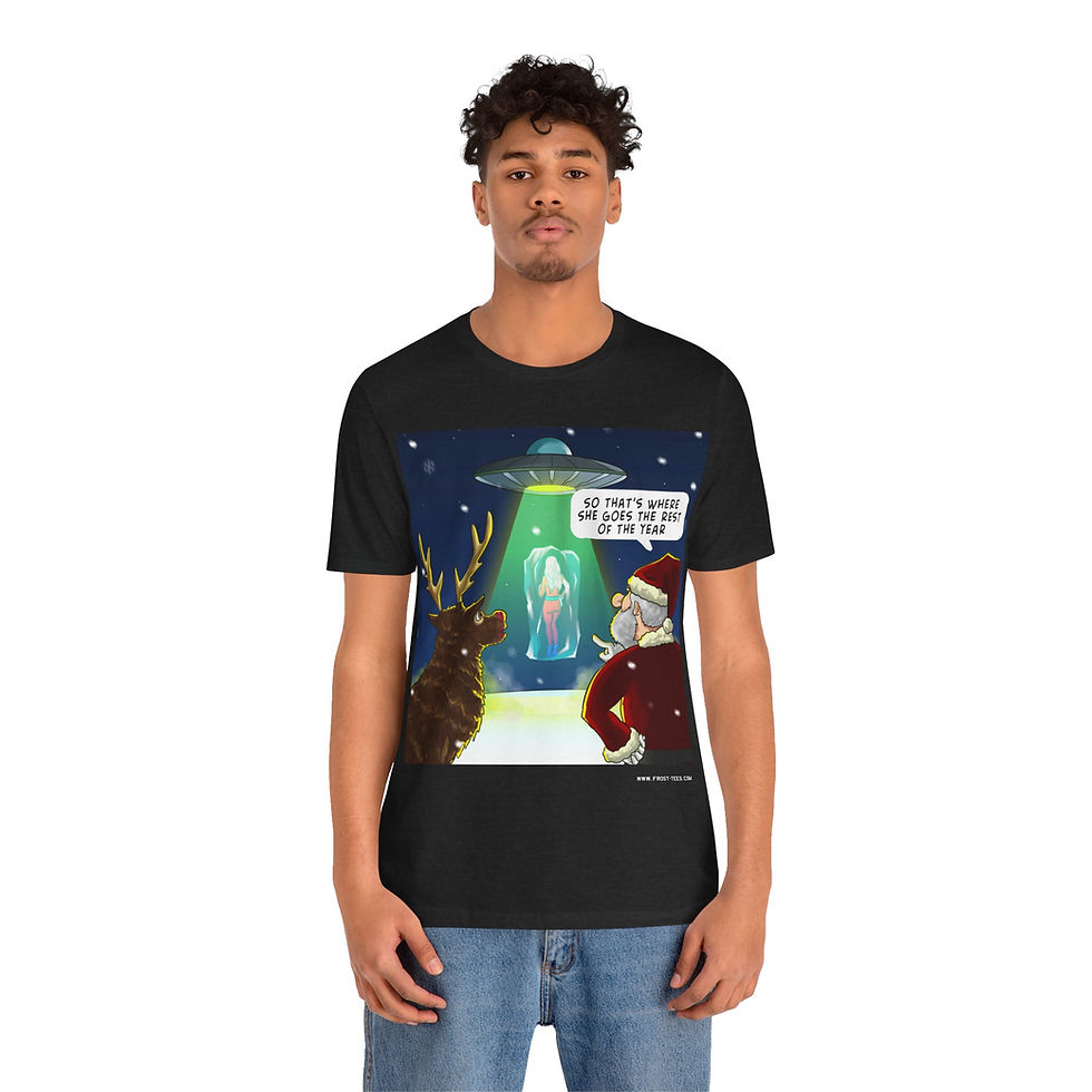 Thumbnail: Model wearing funny Santa UFO Christmas shirt featuring elf abduction gag for alien and UFO fans.