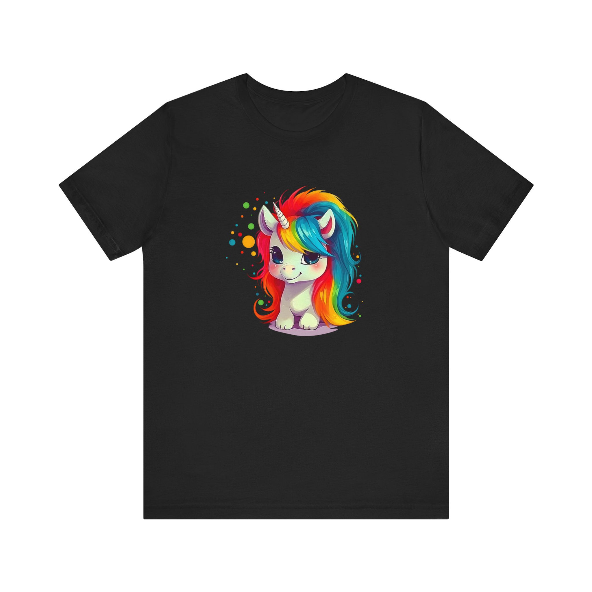 Front view of baby unicorn with bold rainbow mane and big eyes.