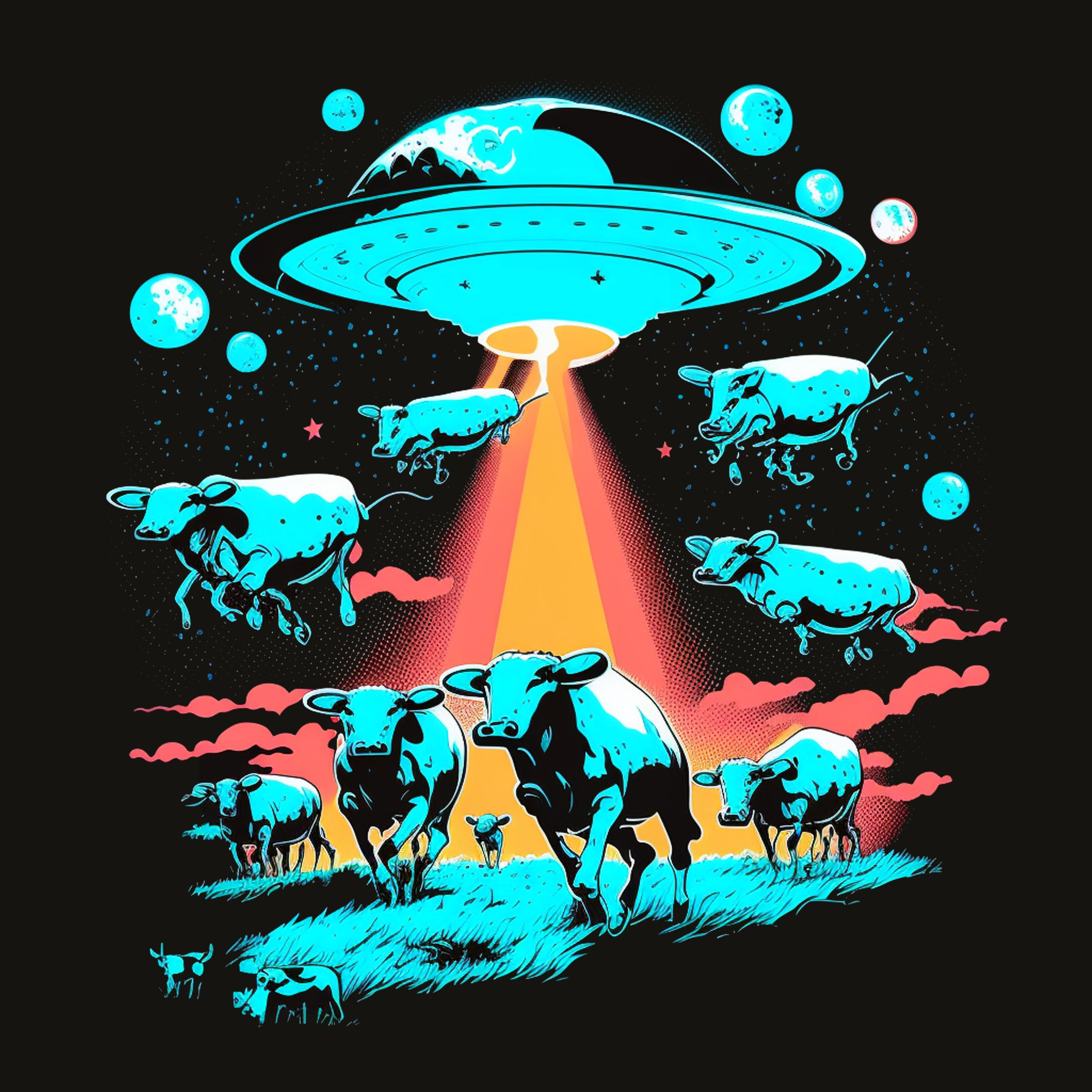 Four cows floating under a yellow-red beam while five cows run on blue grass beneath a glowing planet-filled sky.