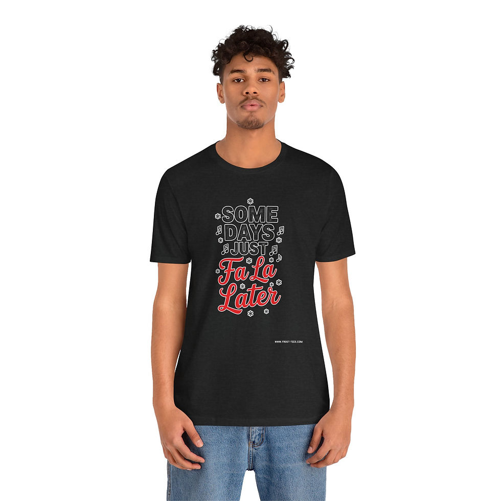 Thumbnail: Model wearing the Fa La Later Christmas t-shirt — Frost-Tees festive apparel.