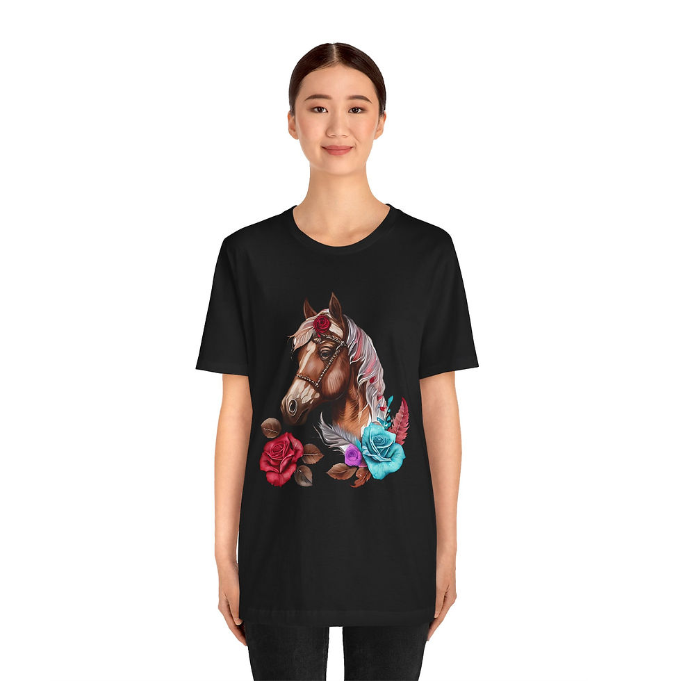 Thumbnail: Model wearing Scarlet Rose Floral Horse Shirt – artistic horse portrait shirt.