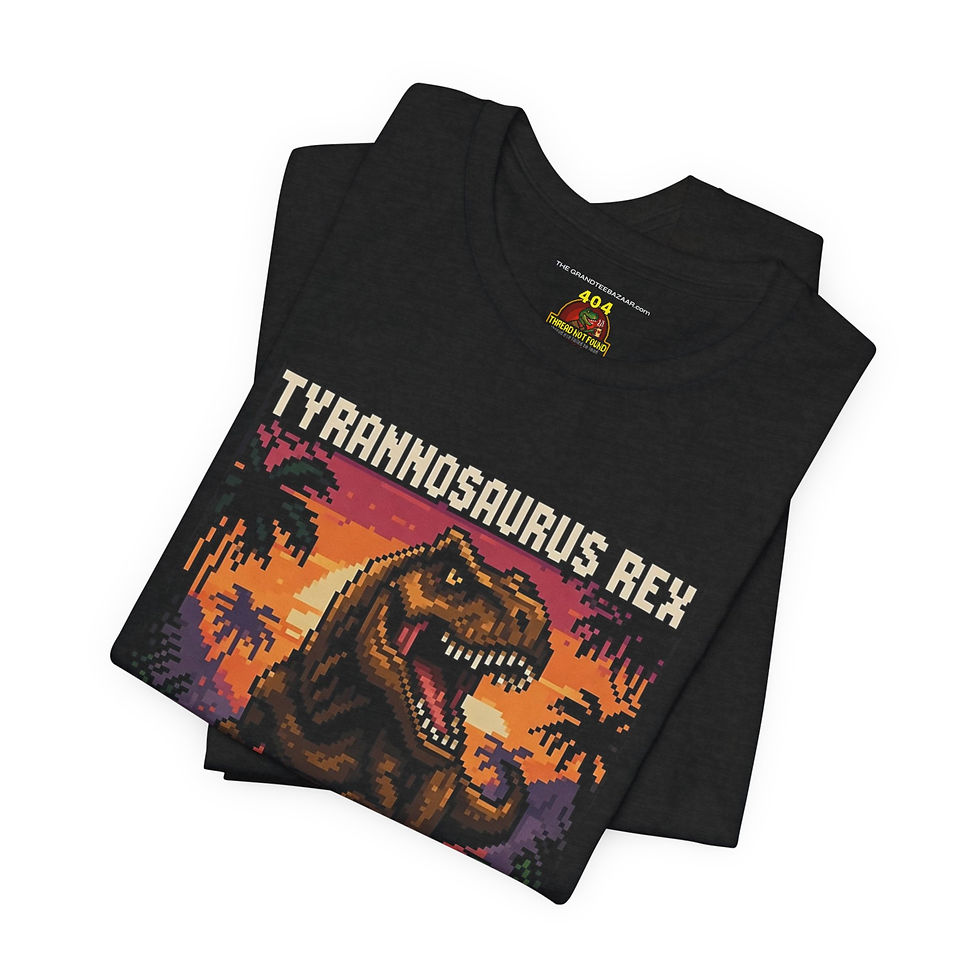 Thumbnail: Folded view of pixel T-Rex mountain scene tee.