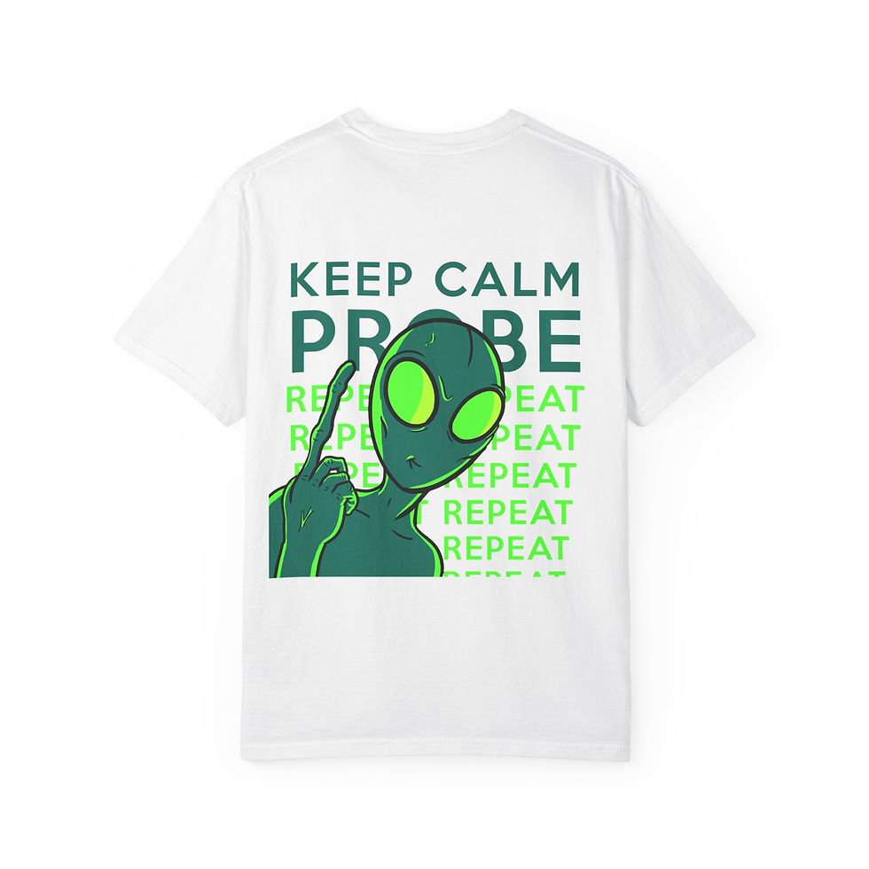 Back view showing an alien pointing upward with repeated “Keep calm, probe, repeat” text across the background.