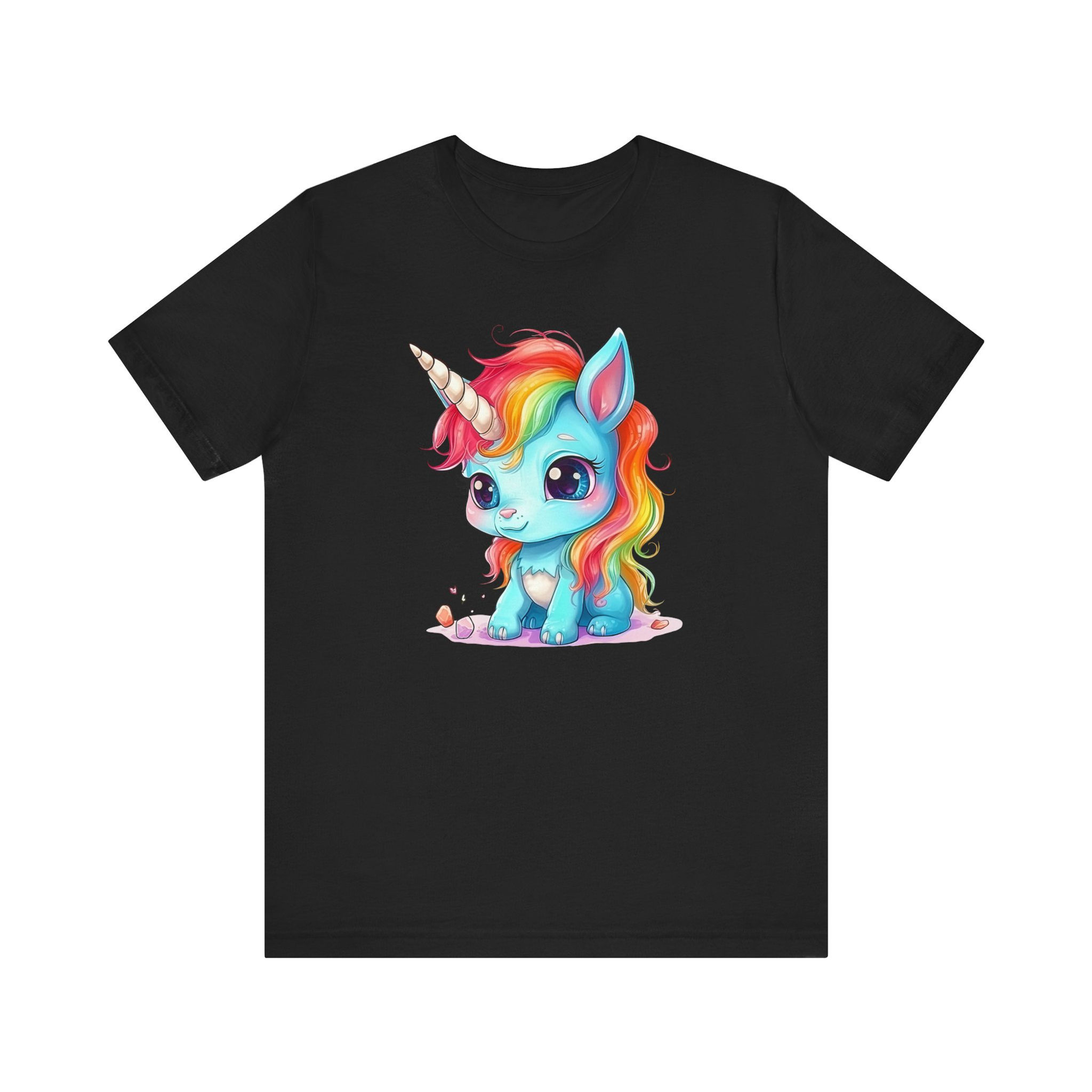 Front view of cute baby unicorn with rainbow mane and big eyes.