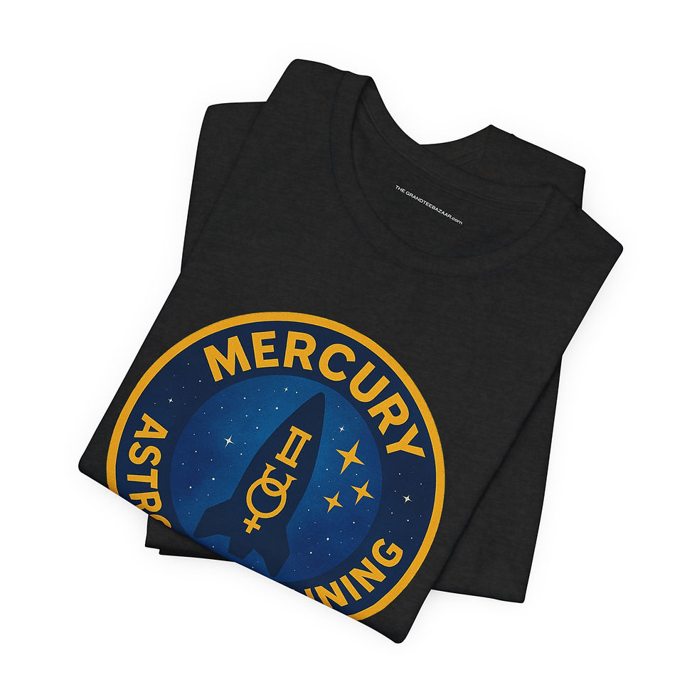 Thumbnail: Flat lay of Mercury Astronaut Training Patch black unisex cotton graphic tee – The OuterMoo.