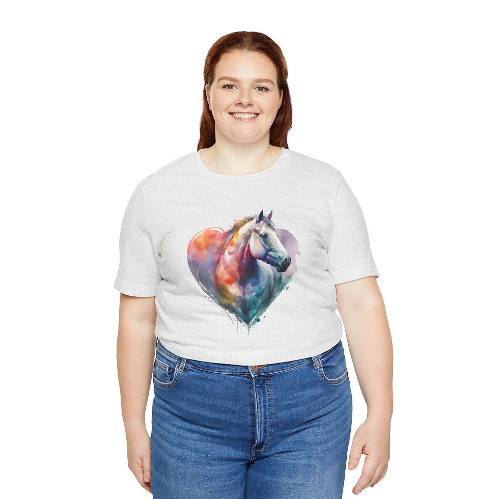Thumbnail: Model wearing watercolor horse art shirt.
