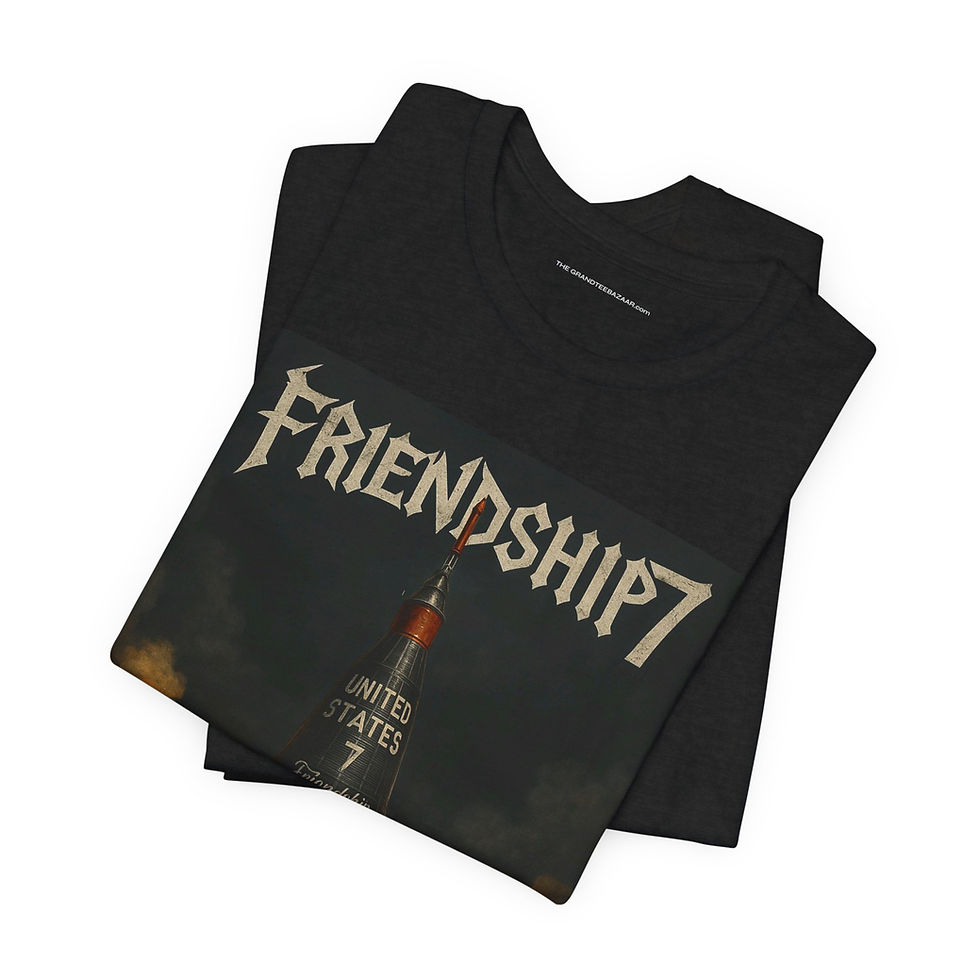 Thumbnail: Flat lay of Friendship 7 rock cover black unisex cotton graphic tee – dramatic spacecraft artwork by The OuterMoo.