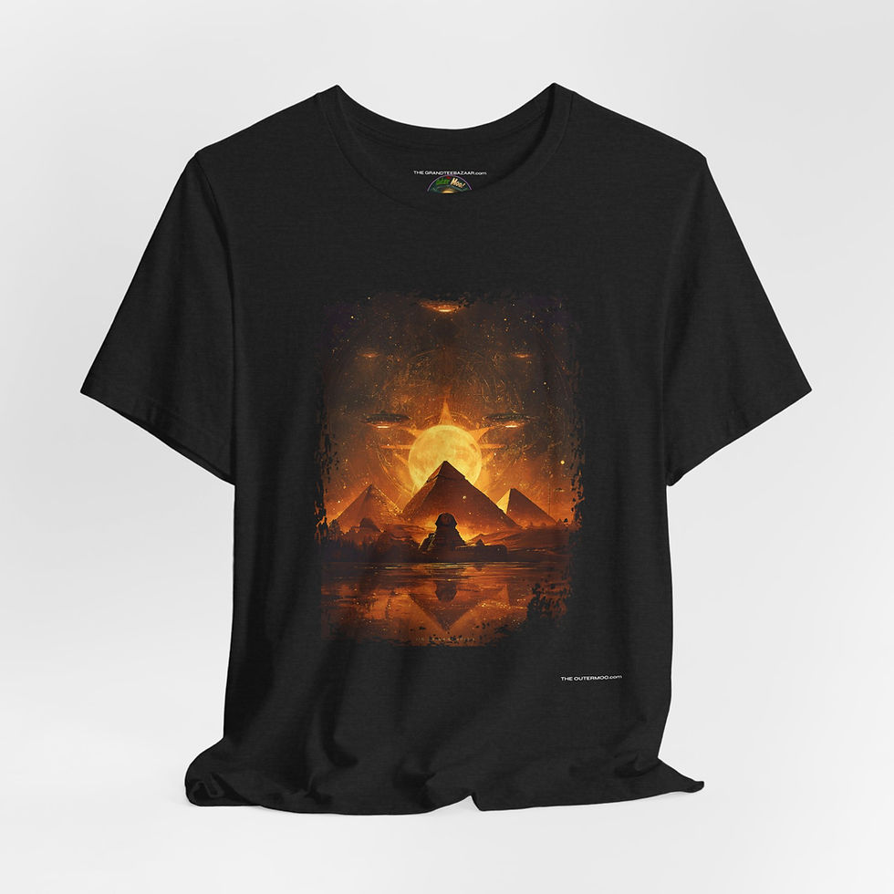 Cosmic Alignment Over Giza Alien Shirt front view – Giza UFO shirt.