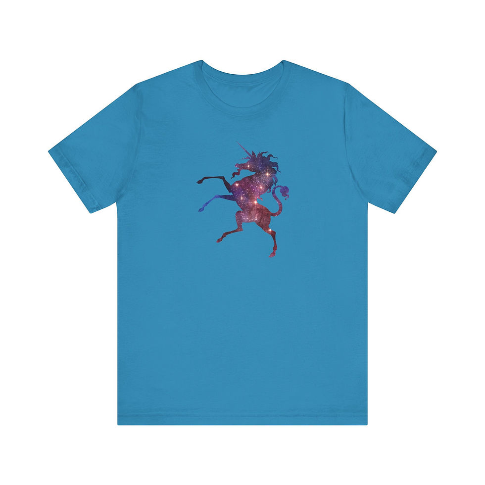 Thumbnail: Front view of red galaxy unicorn design unicorn on blue shirt.