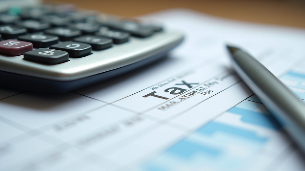 Close-up view of a tax form with a calculator and pen