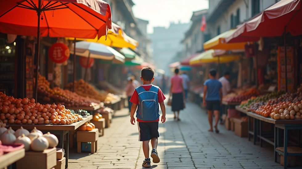 Eye-level view of a vibrant outdoor market with colorful stalls