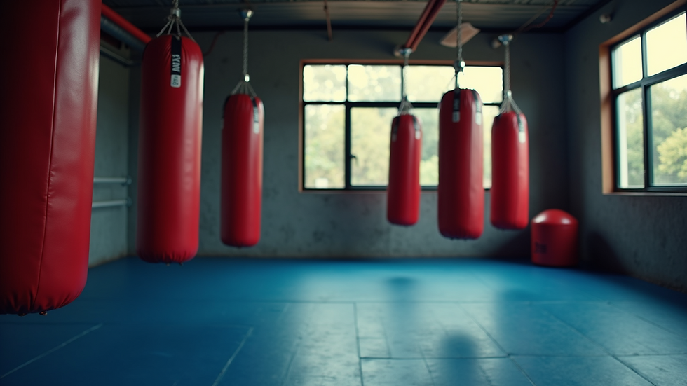 Eye-level view of a Muay Thai gym training area with punching bags