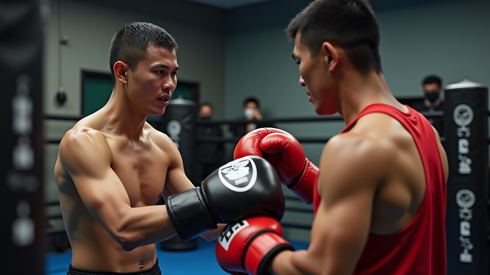 Close-up view of a Muay Thai trainer holding pads for a student