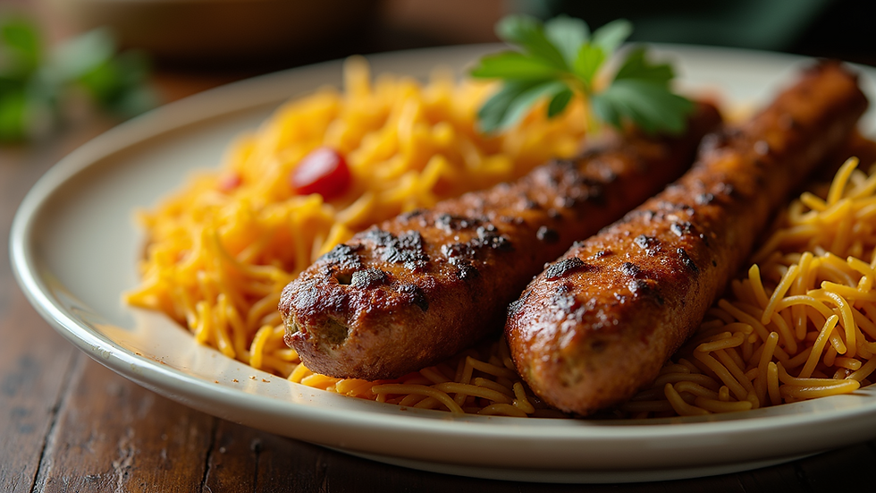 Close-up view of a plate with colorful Pakistani biryani and seekh kebabs