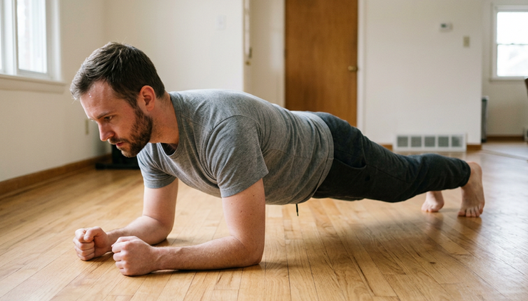 Eye-level view of a person holding a forearm plank on a clean floor