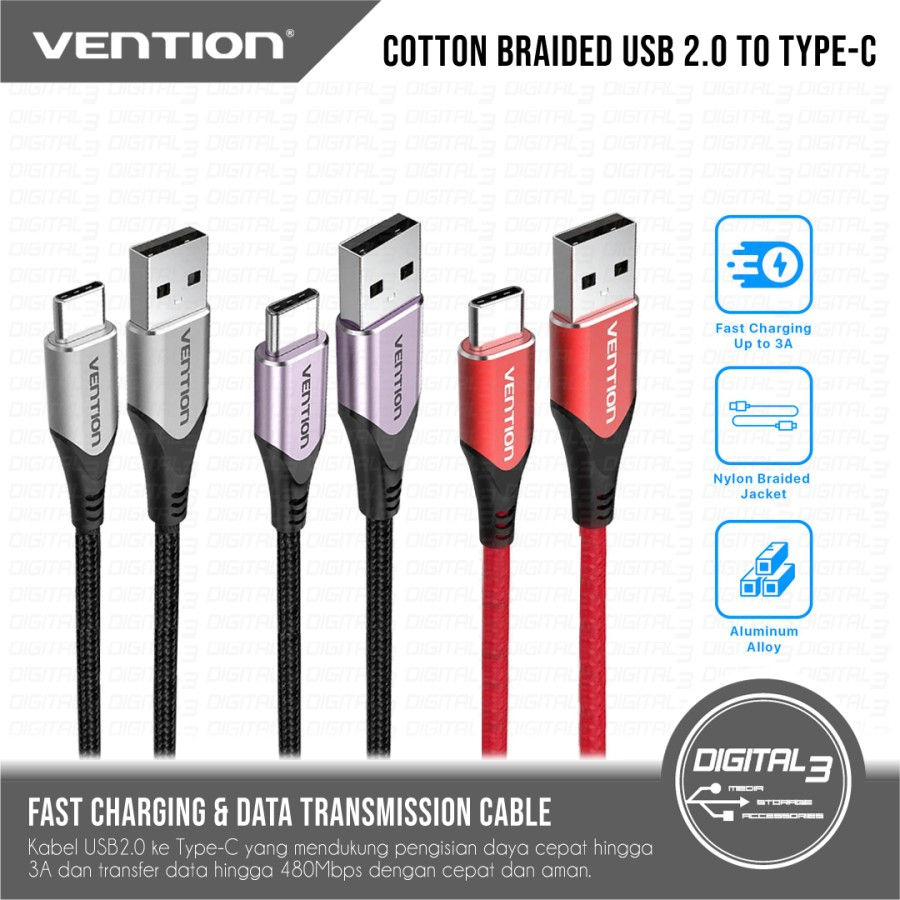 VENTION Cotton Braided Data Cable USB 2.0 to Type C 3A Fast Charging Nylon Braid